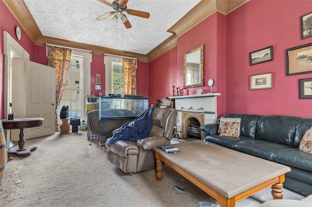 living room with carpet flooring, ceiling fan, and a textured ceiling