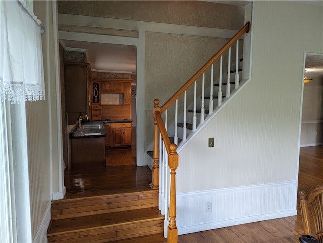 staircase featuring sink and hardwood / wood-style floors