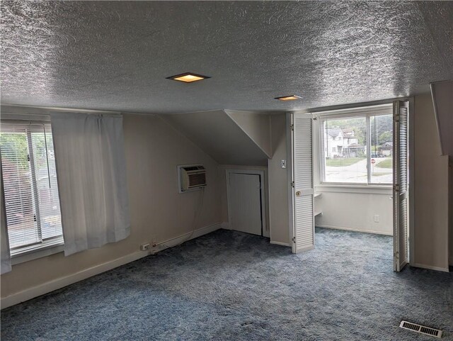 additional living space featuring dark colored carpet, a textured ceiling, lofted ceiling, and plenty of natural light