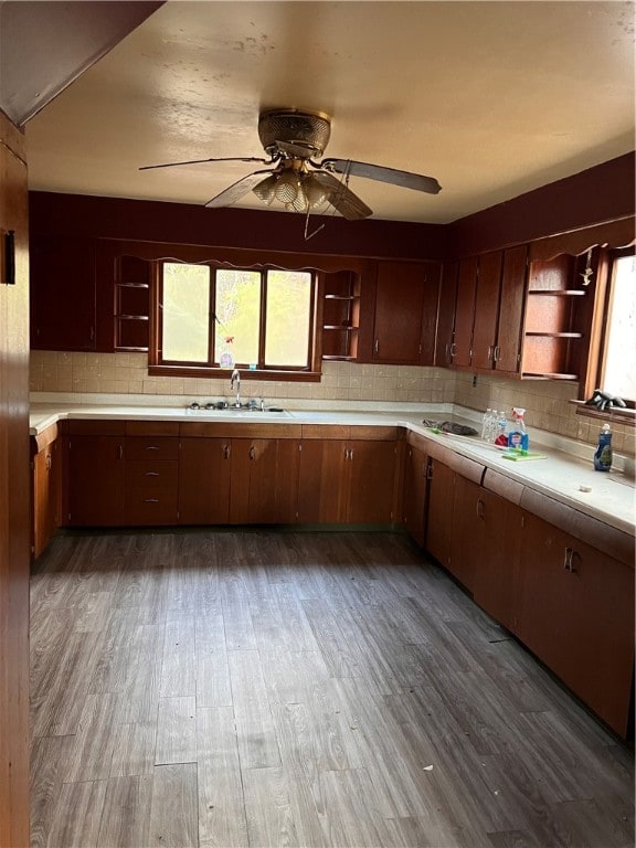 kitchen featuring dark hardwood / wood-style floors, sink, a healthy amount of sunlight, and backsplash