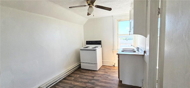 kitchen with a textured ceiling, dark wood-type flooring, sink, white range with electric cooktop, and lofted ceiling