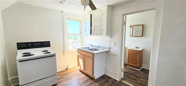 kitchen featuring dark hardwood / wood-style flooring, a textured ceiling, ceiling fan, sink, and electric stove