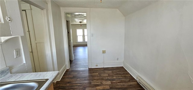 hall featuring a baseboard heating unit, sink, dark wood-type flooring, and vaulted ceiling