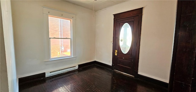 entrance foyer with dark wood-type flooring and a baseboard radiator