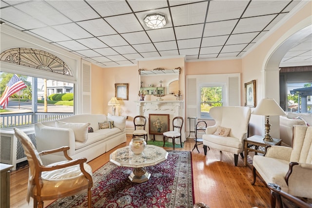 living room featuring wood-type flooring, a fireplace, and crown molding