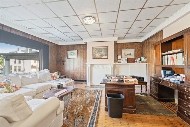 living room featuring wooden walls and dark wood-type flooring