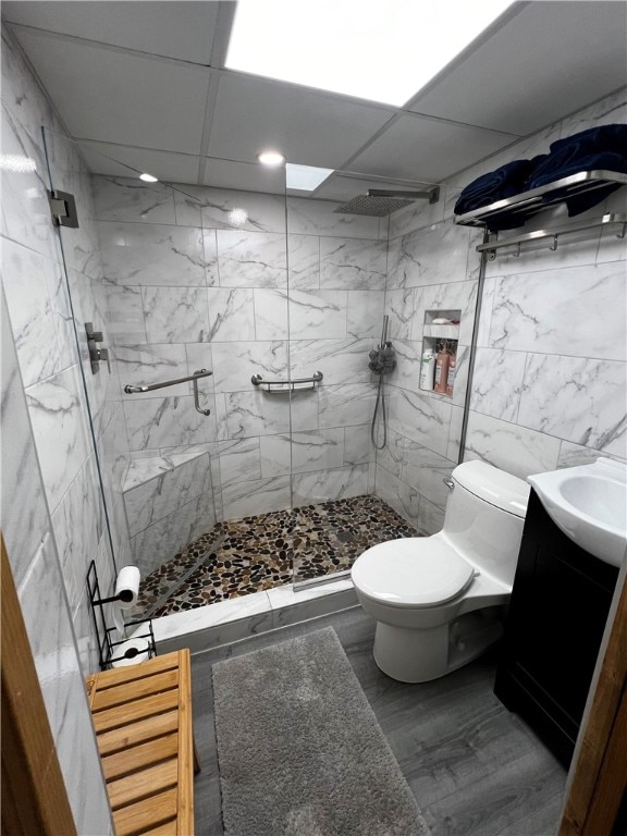 bathroom with a shower with door, tile walls, toilet, vanity, and wood-type flooring