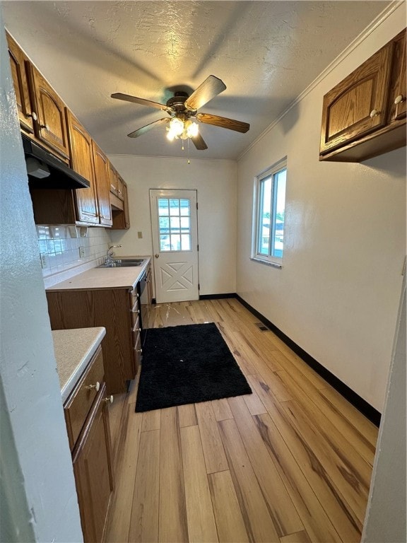 kitchen with ceiling fan, light hardwood / wood-style floors, backsplash, sink, and ornamental molding