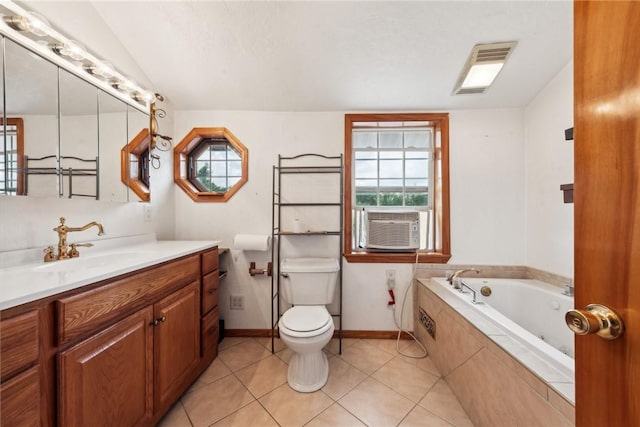 bathroom featuring toilet, a relaxing tiled tub, cooling unit, tile patterned flooring, and vanity