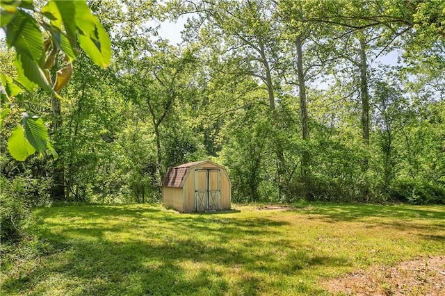 view of yard featuring a storage unit