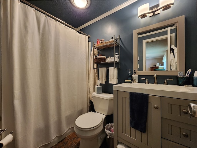 bathroom featuring ornamental molding, curtained shower, tile patterned flooring, vanity, and toilet