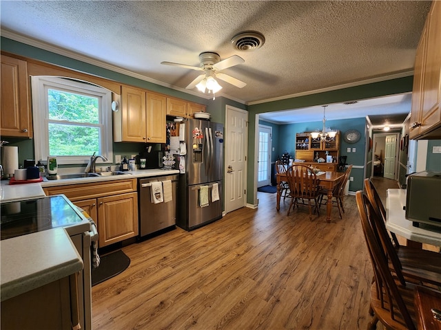 kitchen with appliances with stainless steel finishes, light hardwood / wood-style flooring, decorative light fixtures, sink, and ceiling fan with notable chandelier