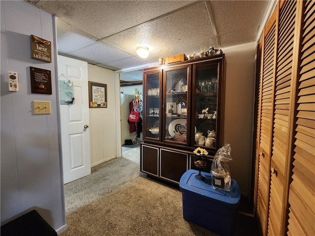 hall with light colored carpet and a paneled ceiling