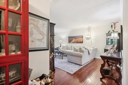 living room with dark hardwood / wood-style flooring