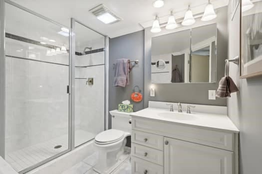 bathroom featuring vanity, toilet, and a shower with shower door