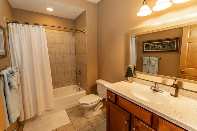 full bathroom featuring shower / bathtub combination with curtain, tile flooring, toilet, and vanity