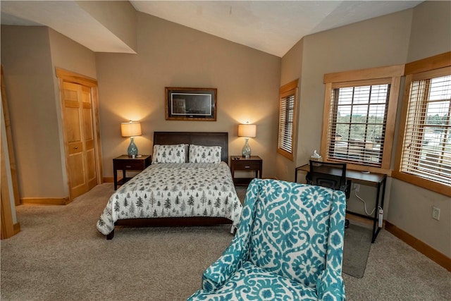 bedroom with a closet, carpet floors, and lofted ceiling