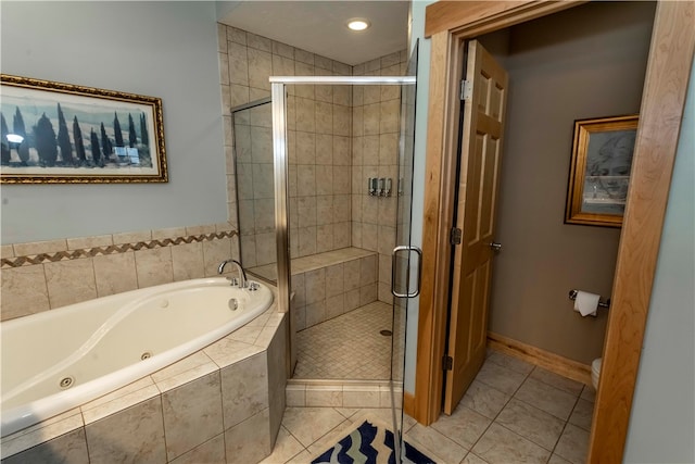 bathroom with tile floors and plus walk in shower