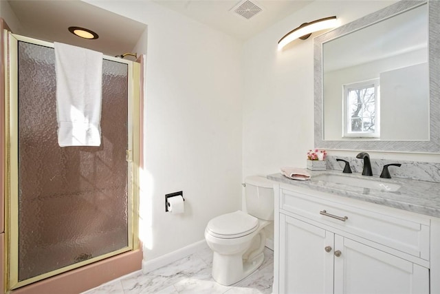 full bath with visible vents, toilet, a stall shower, marble finish floor, and vanity