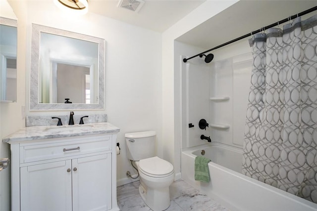 bathroom featuring vanity, visible vents, shower / bath combo with shower curtain, toilet, and marble finish floor