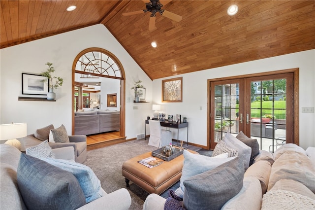 living room featuring french doors, wooden ceiling, wood-type flooring, high vaulted ceiling, and ceiling fan