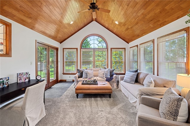 living room featuring ceiling fan, french doors, carpet floors, wood ceiling, and high vaulted ceiling