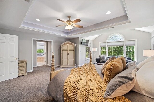 bedroom featuring carpet, ceiling fan, and a tray ceiling