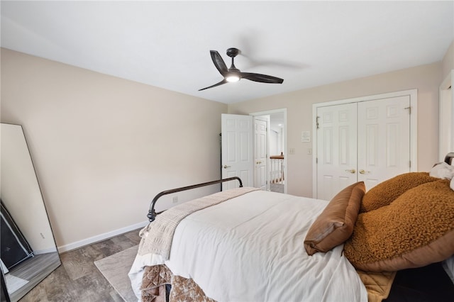 bedroom featuring a closet, ceiling fan, and hardwood / wood-style floors