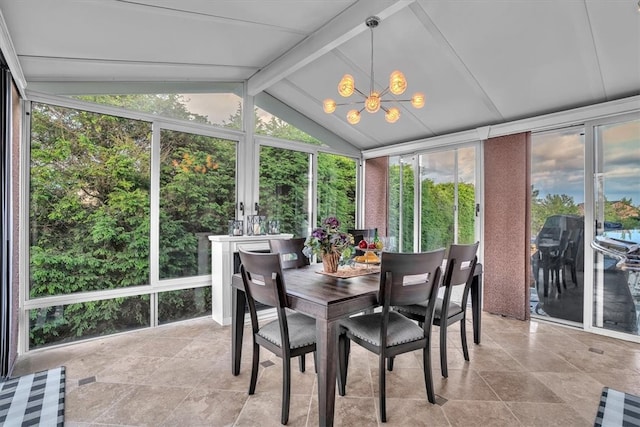 sunroom / solarium featuring lofted ceiling with beams and a chandelier