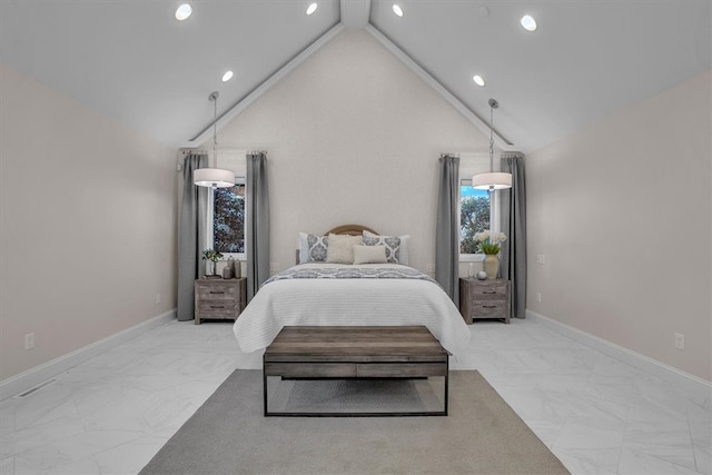 bedroom featuring beam ceiling, high vaulted ceiling, and light tile floors