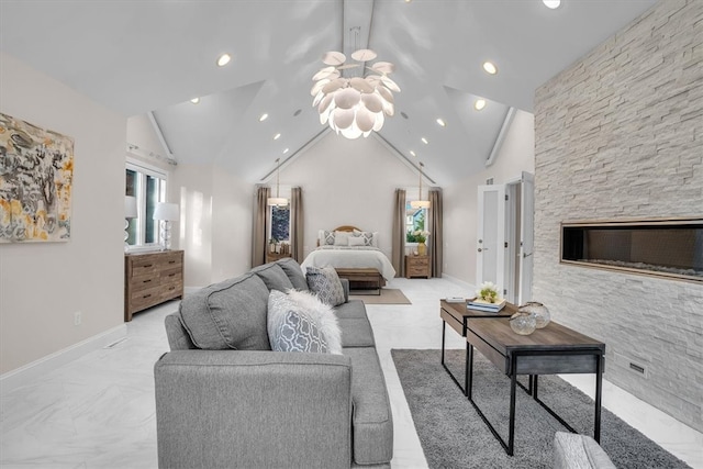 interior space featuring high vaulted ceiling, an inviting chandelier, and light tile floors