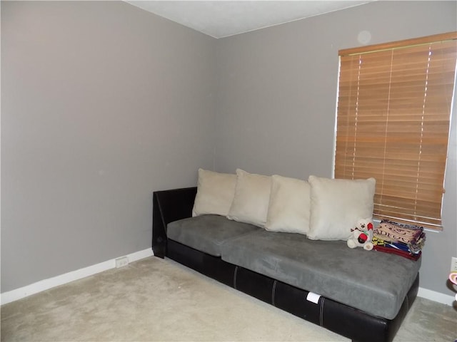 living area with carpet flooring and baseboards