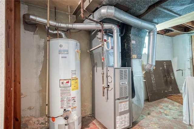 utility room featuring heating unit and water heater