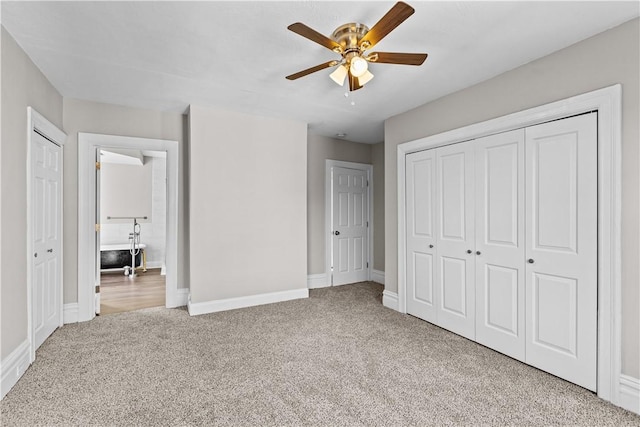 unfurnished bedroom with light carpet and ceiling fan