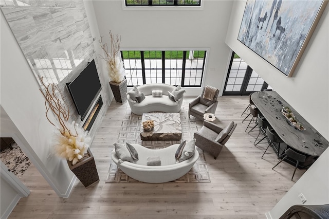 living room with a high ceiling and hardwood / wood-style flooring