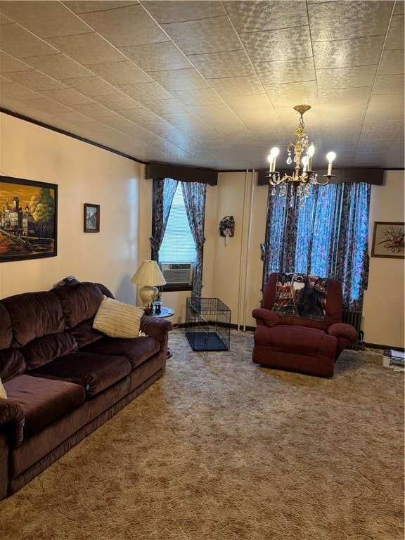 living room with a chandelier and carpet floors