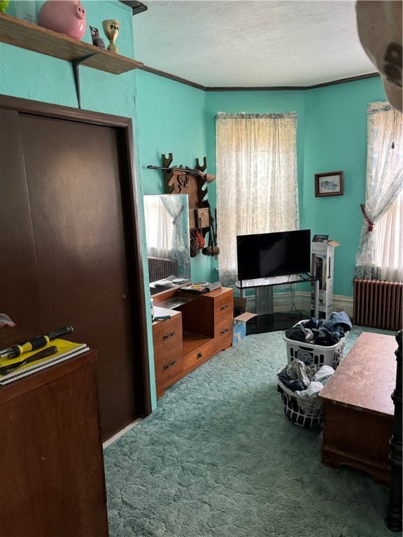 interior space with a textured ceiling and radiator