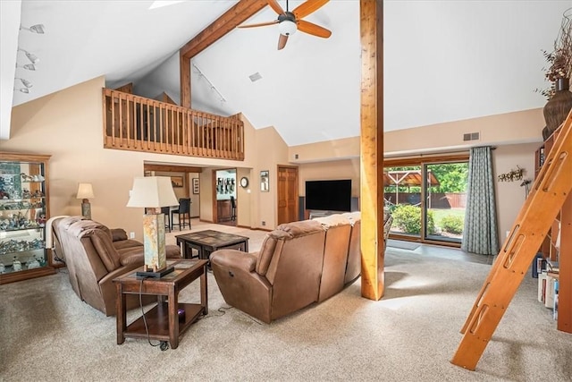 carpeted living room featuring ceiling fan, beam ceiling, and high vaulted ceiling