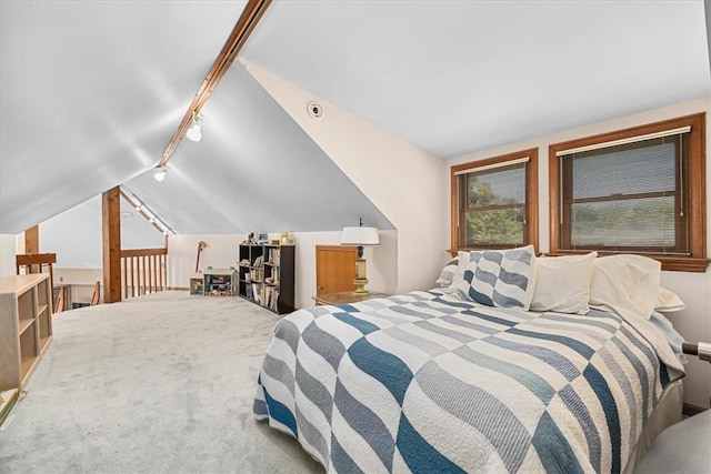 carpeted bedroom with vaulted ceiling and track lighting