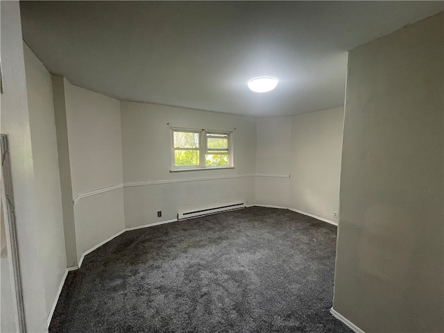 empty room with a baseboard radiator and dark carpet