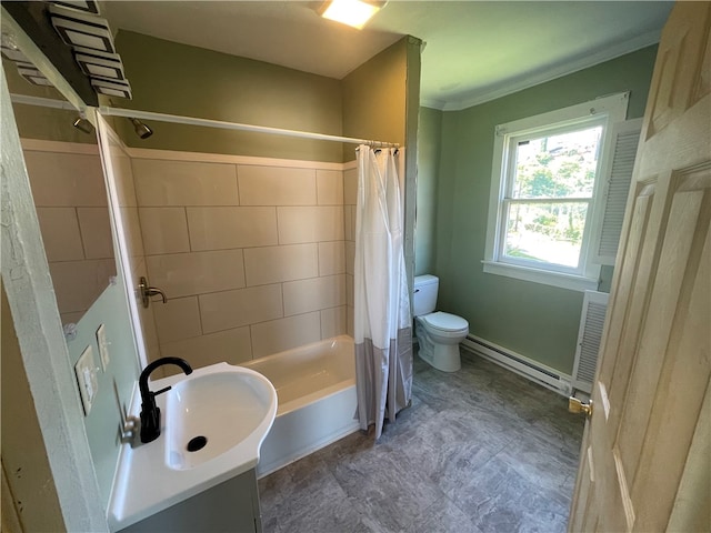 full bathroom with shower / bathtub combination with curtain, a baseboard radiator, tile floors, vanity, and toilet