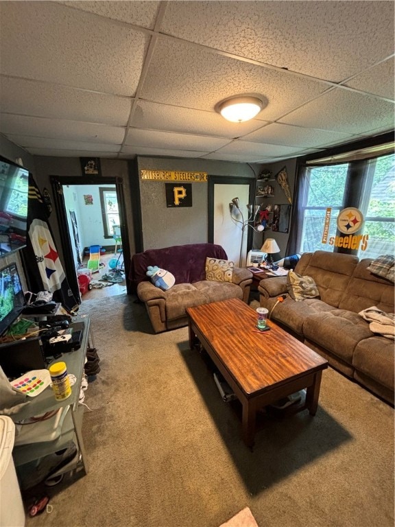 living room with carpet floors and a drop ceiling