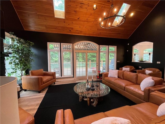 living room featuring a notable chandelier, plenty of natural light, a skylight, and wood ceiling