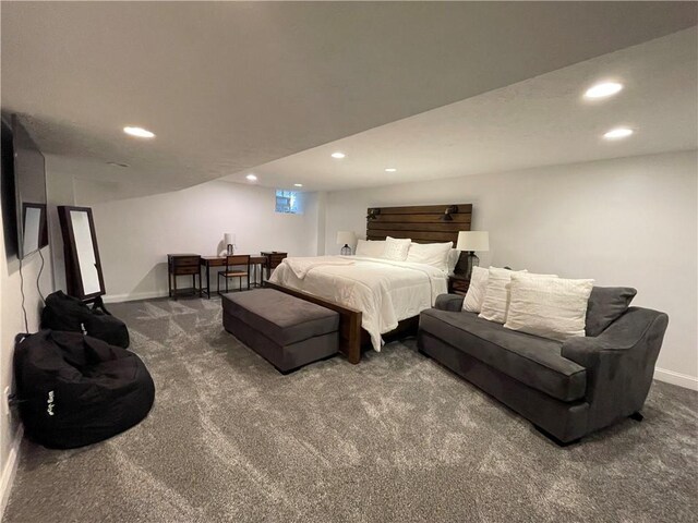 bedroom with dark carpet