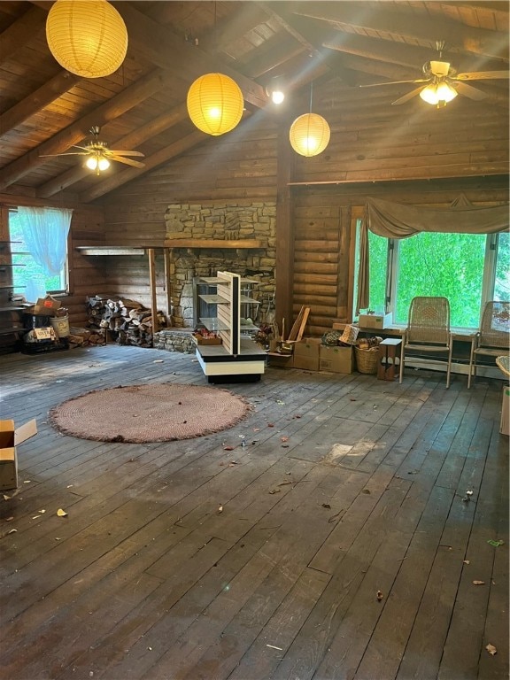 interior space with high vaulted ceiling, wood-type flooring, wooden walls, and wooden ceiling