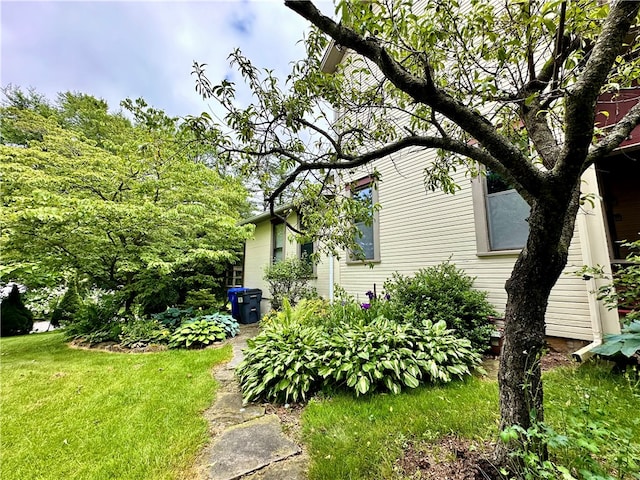 view of side of home with a yard