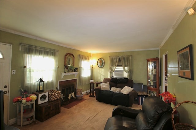 carpeted living room with crown molding