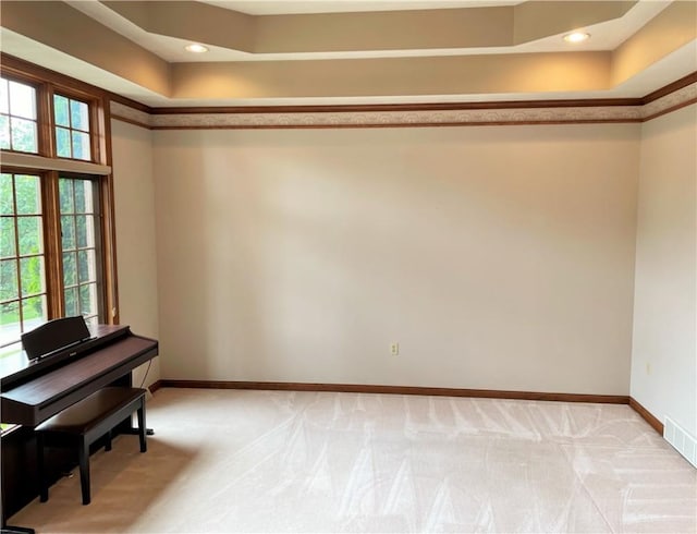 walk in closet featuring light carpet and a tray ceiling