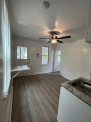 interior space with ceiling fan and hardwood / wood-style floors