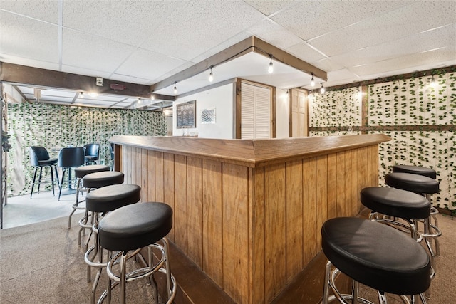 bar with a paneled ceiling and carpet flooring